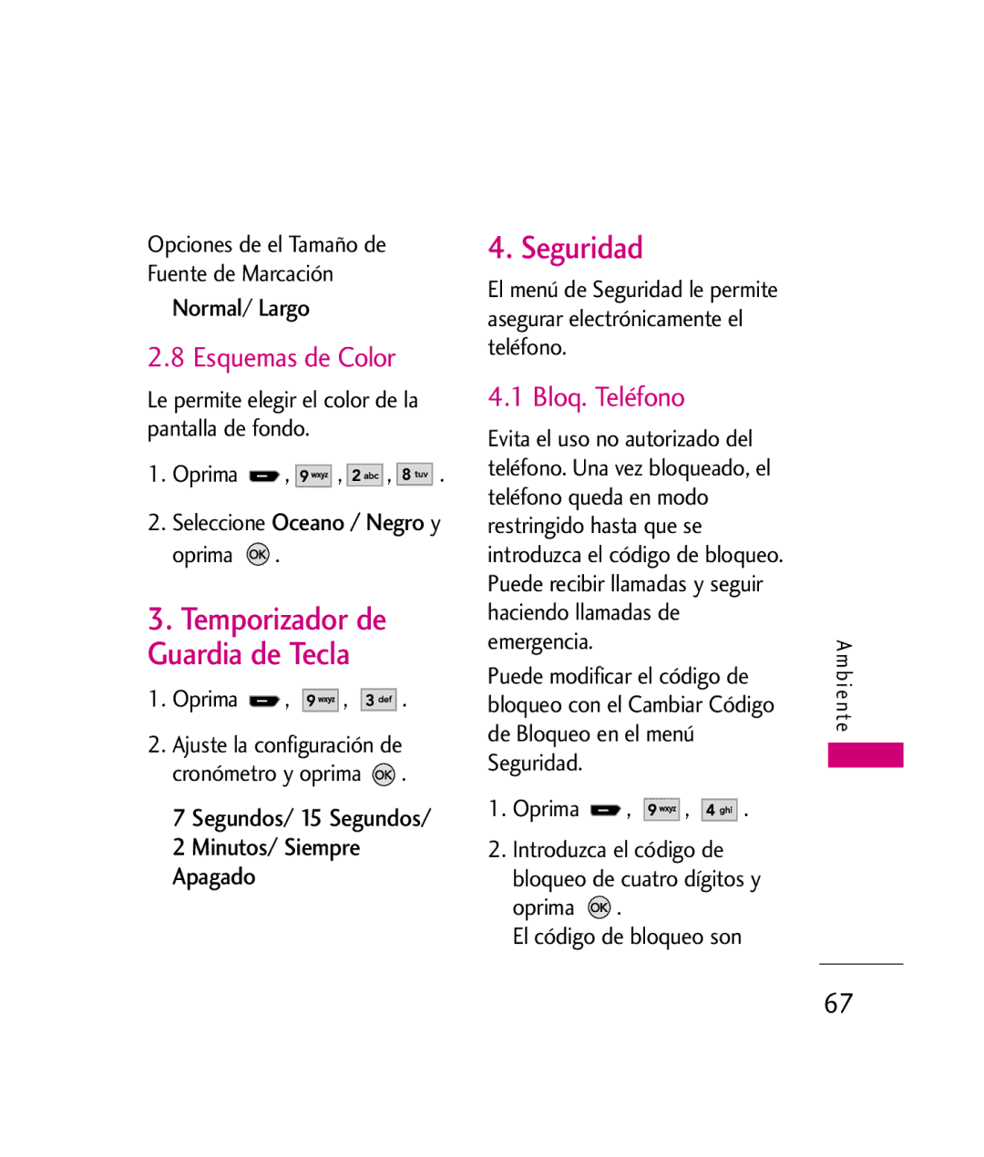 LG Electronics UX260 manual Temporizador de Guardia de Tecla, Seguridad, Esquemas de Color, Bloq. Teléfono, Normal/ Largo 