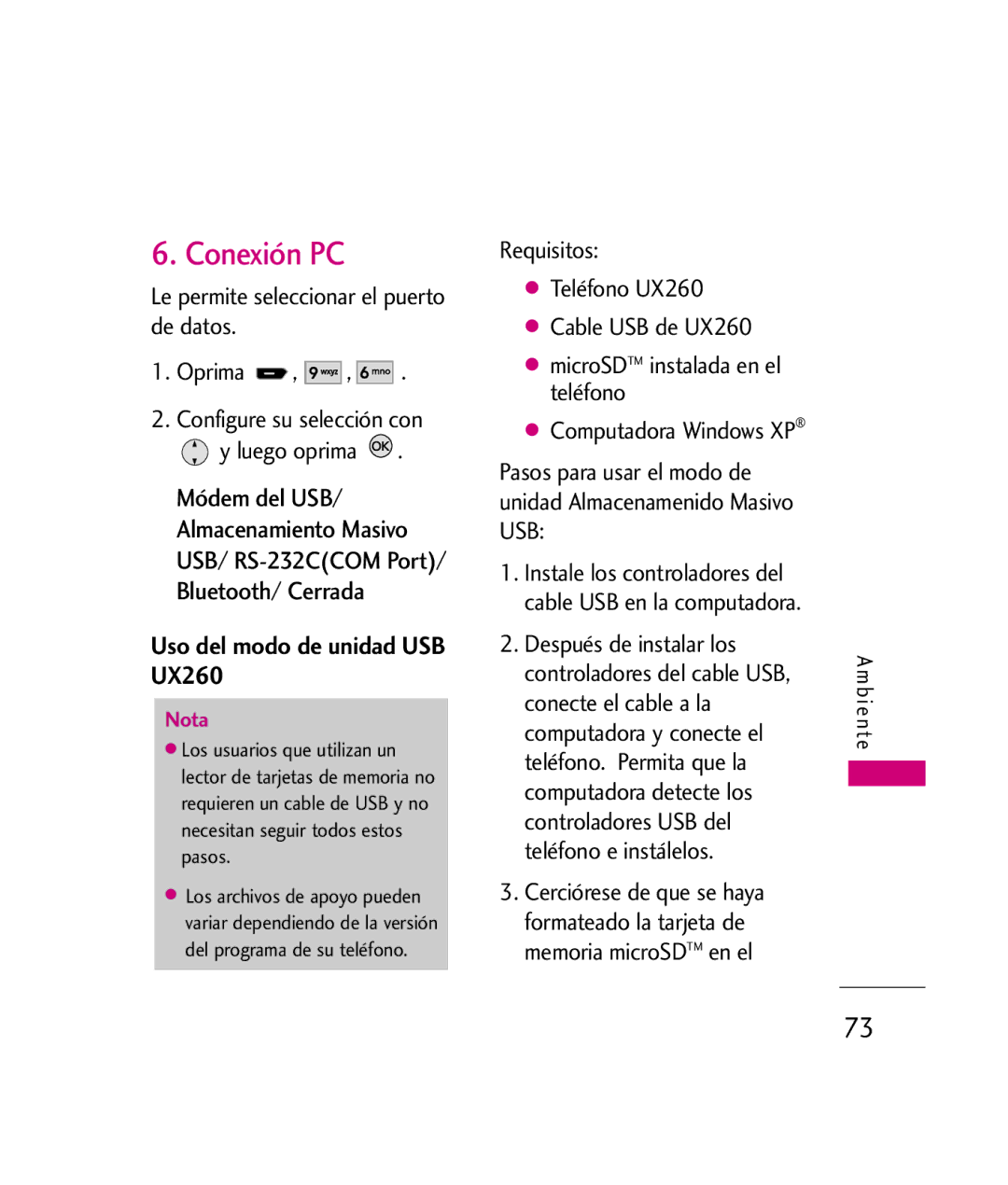 LG Electronics manual Conexión PC, Bluetooth/ Cerrada, Uso del modo de unidad USB UX260, USB/ RS-232CCOM Port 