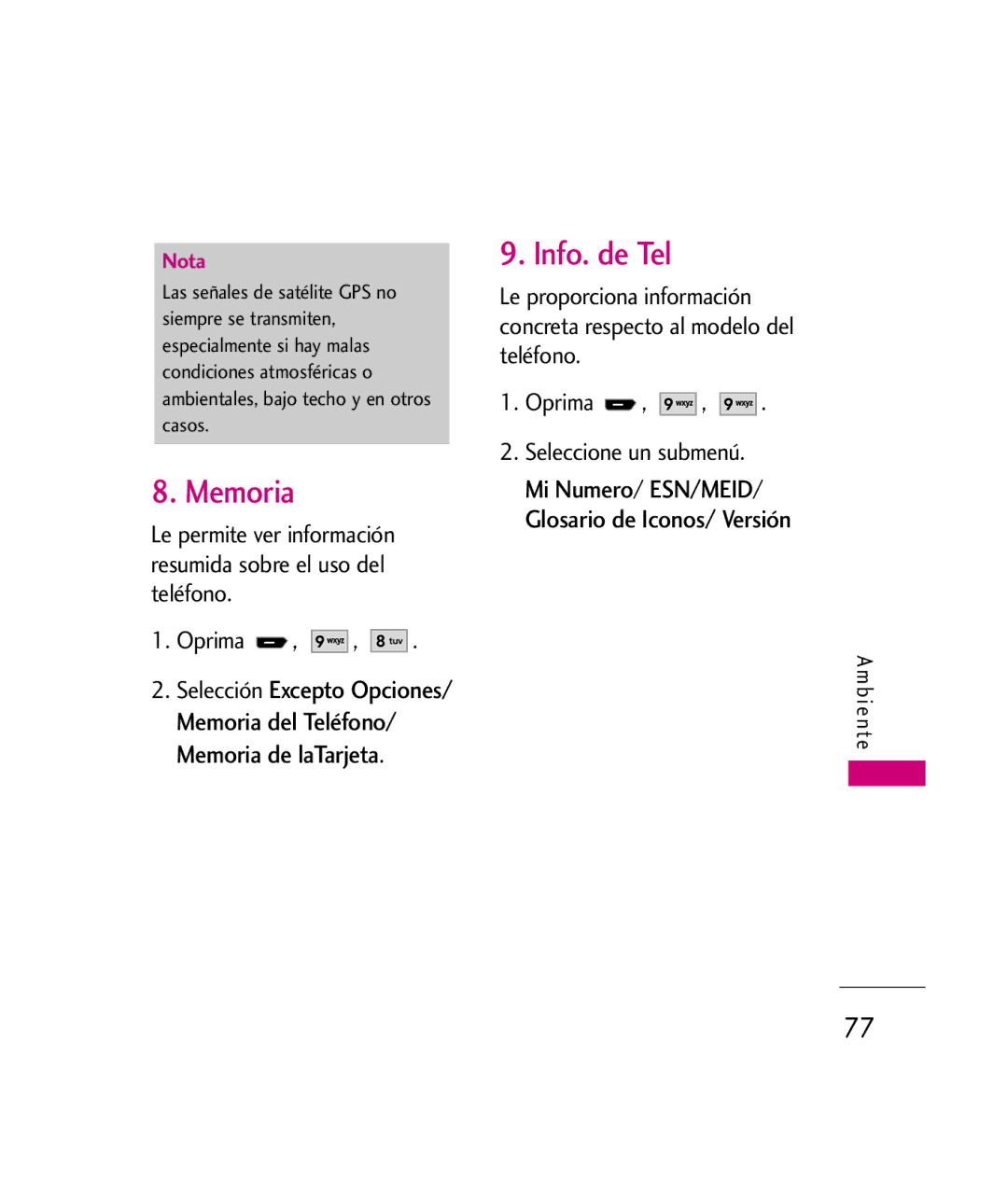 LG Electronics UX260 manual Memoria, Info. de Tel, Mi Numero/ ESN/MEID/ Glosario de Iconos/ Versión B i e n te 