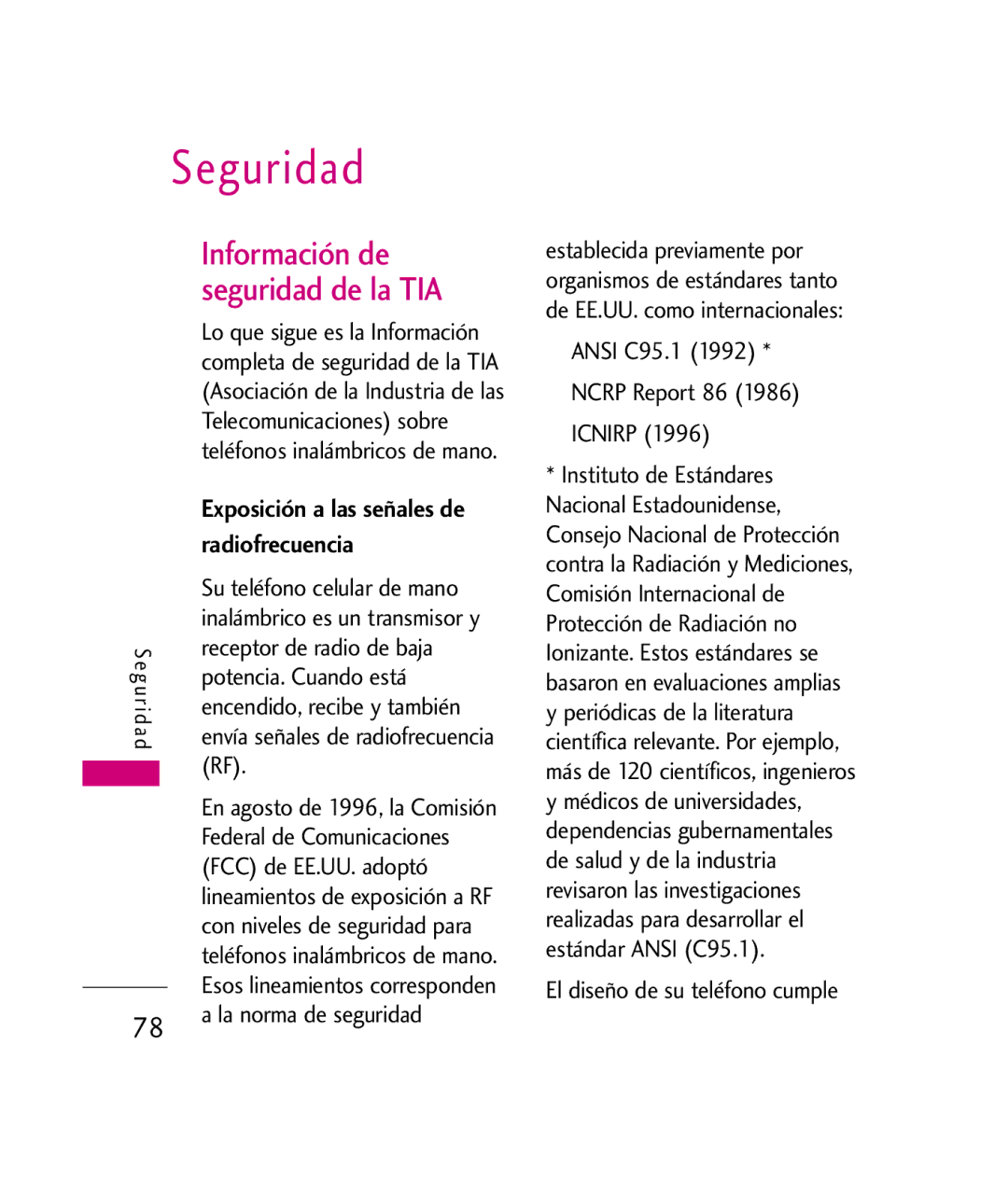 LG Electronics UX260 manual Información de, Seguridad de la TIA, Radiofrecuencia 