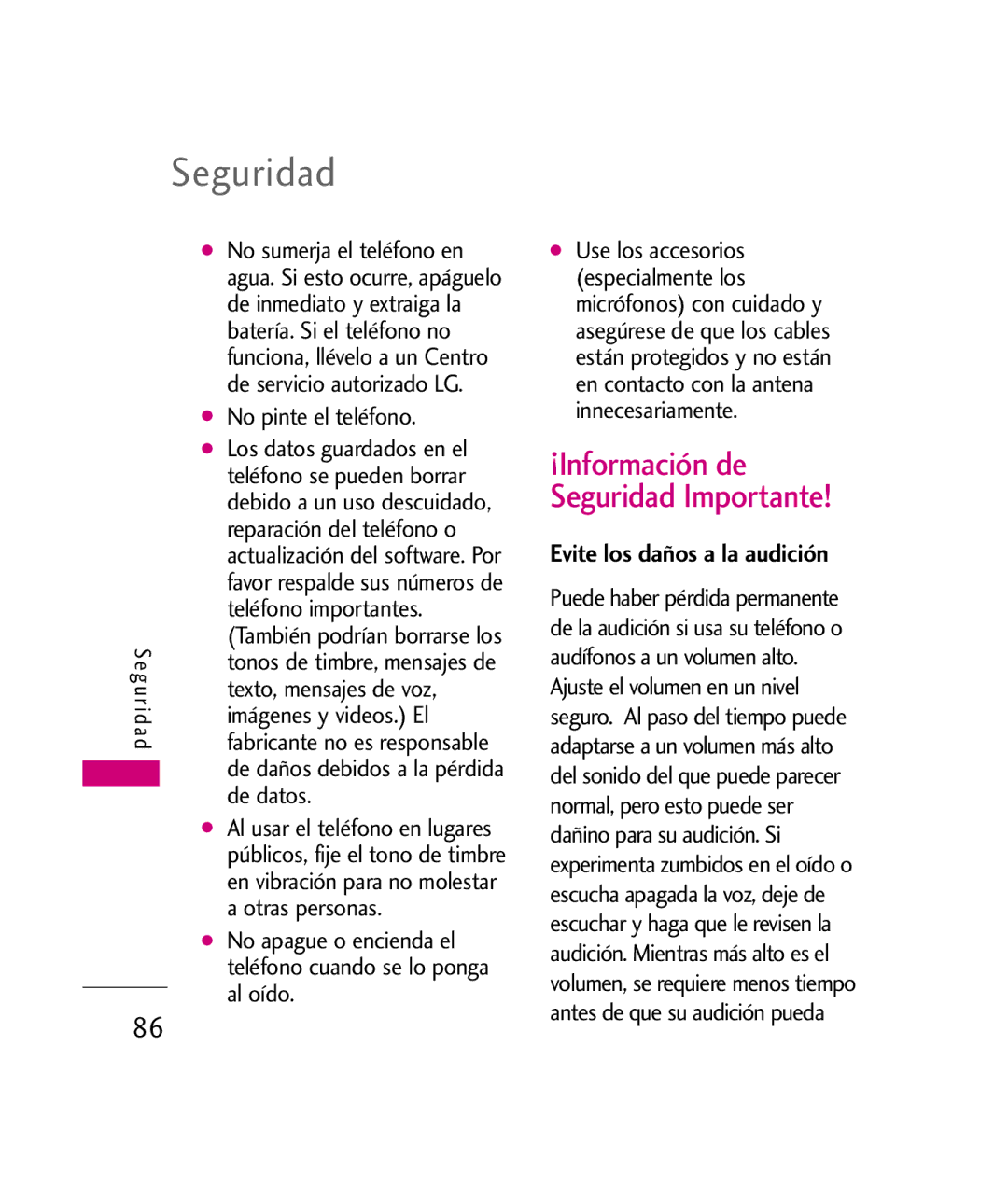 LG Electronics UX260 manual Evite los daños a la audición 