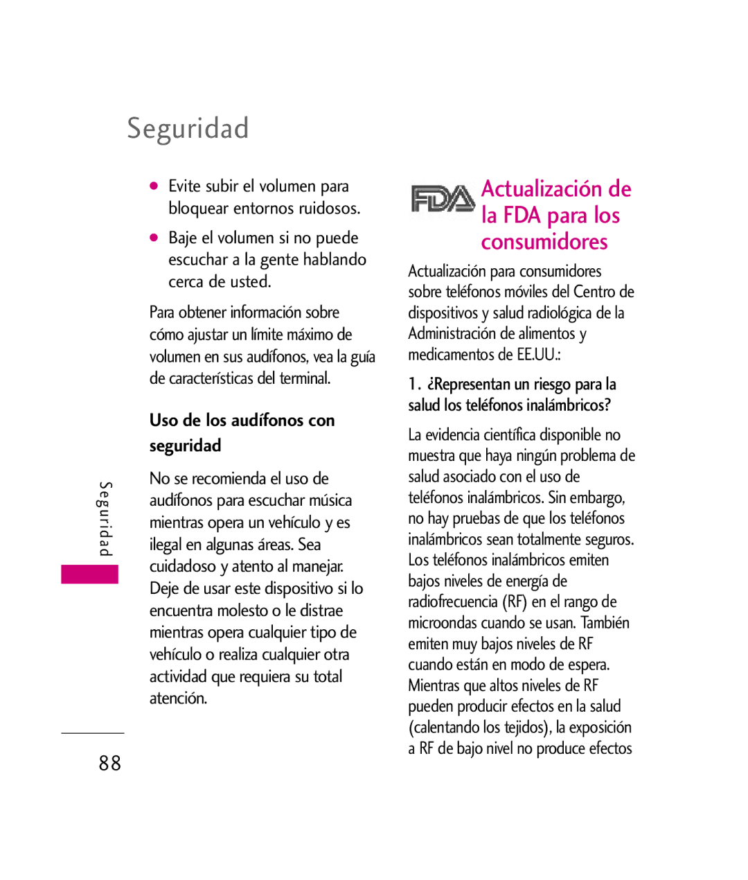 LG Electronics UX260 manual Seguridad 