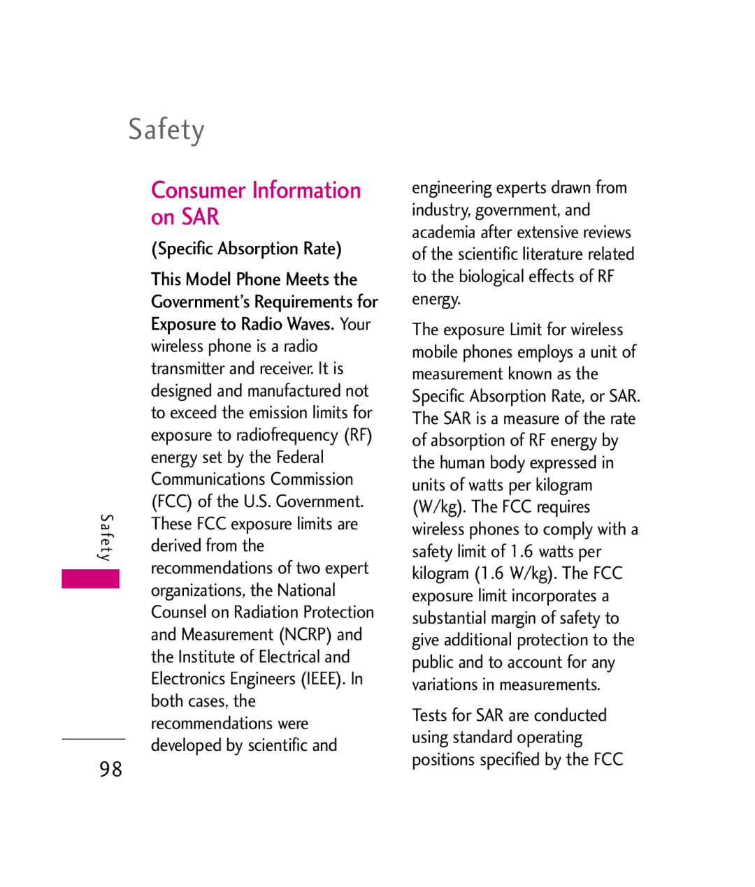 LG Electronics UX260 manual Consumer Information on SAR 