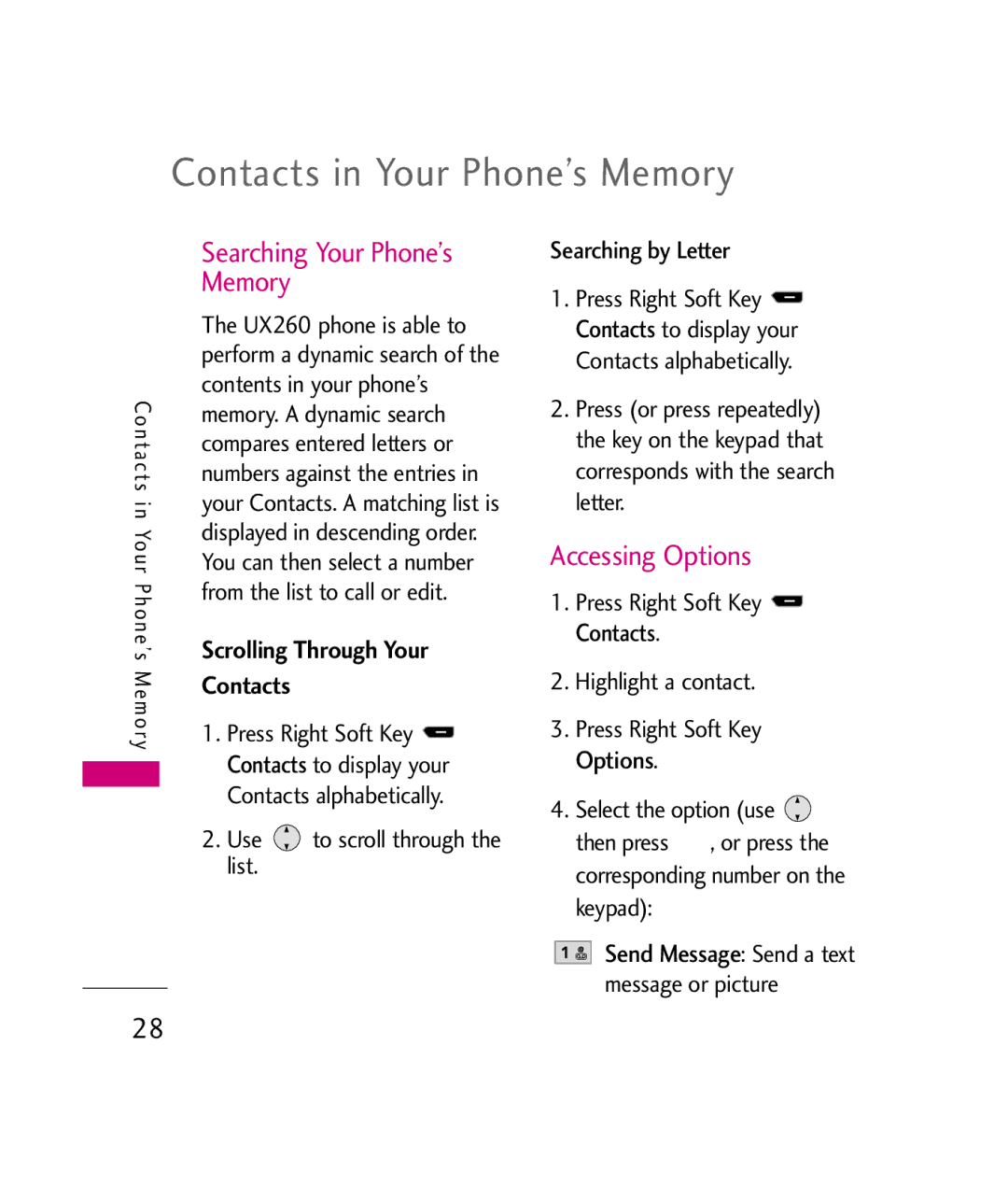 LG Electronics UX260 manual Contacts in Your Phone’s Memory, Searching Your Phone’s Memory, Accessing Options 