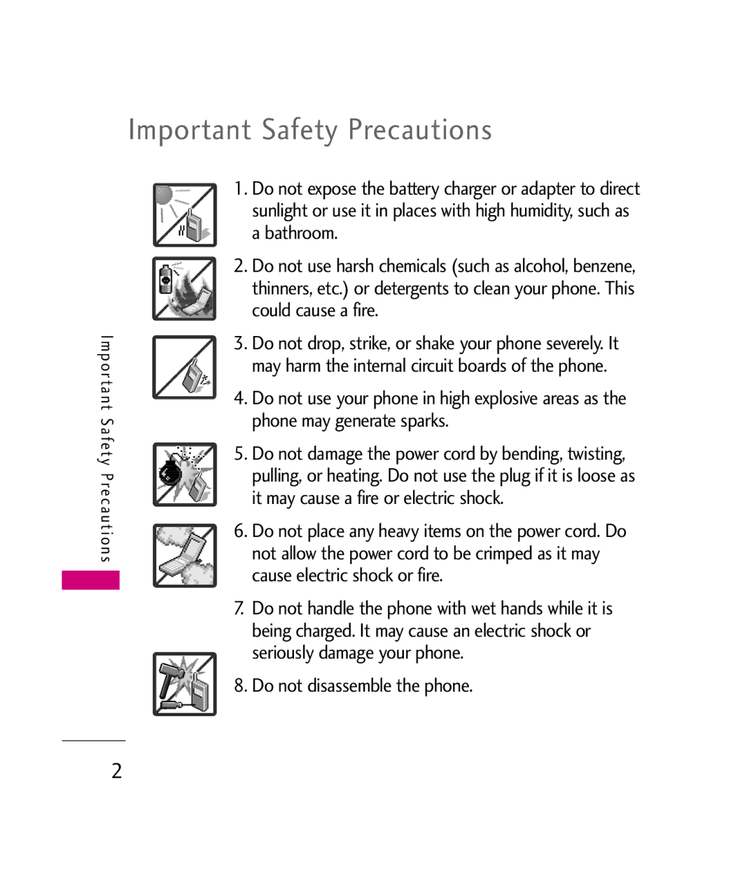 LG Electronics UX260 manual Important Safety Precautions, Do not disassemble the phone 