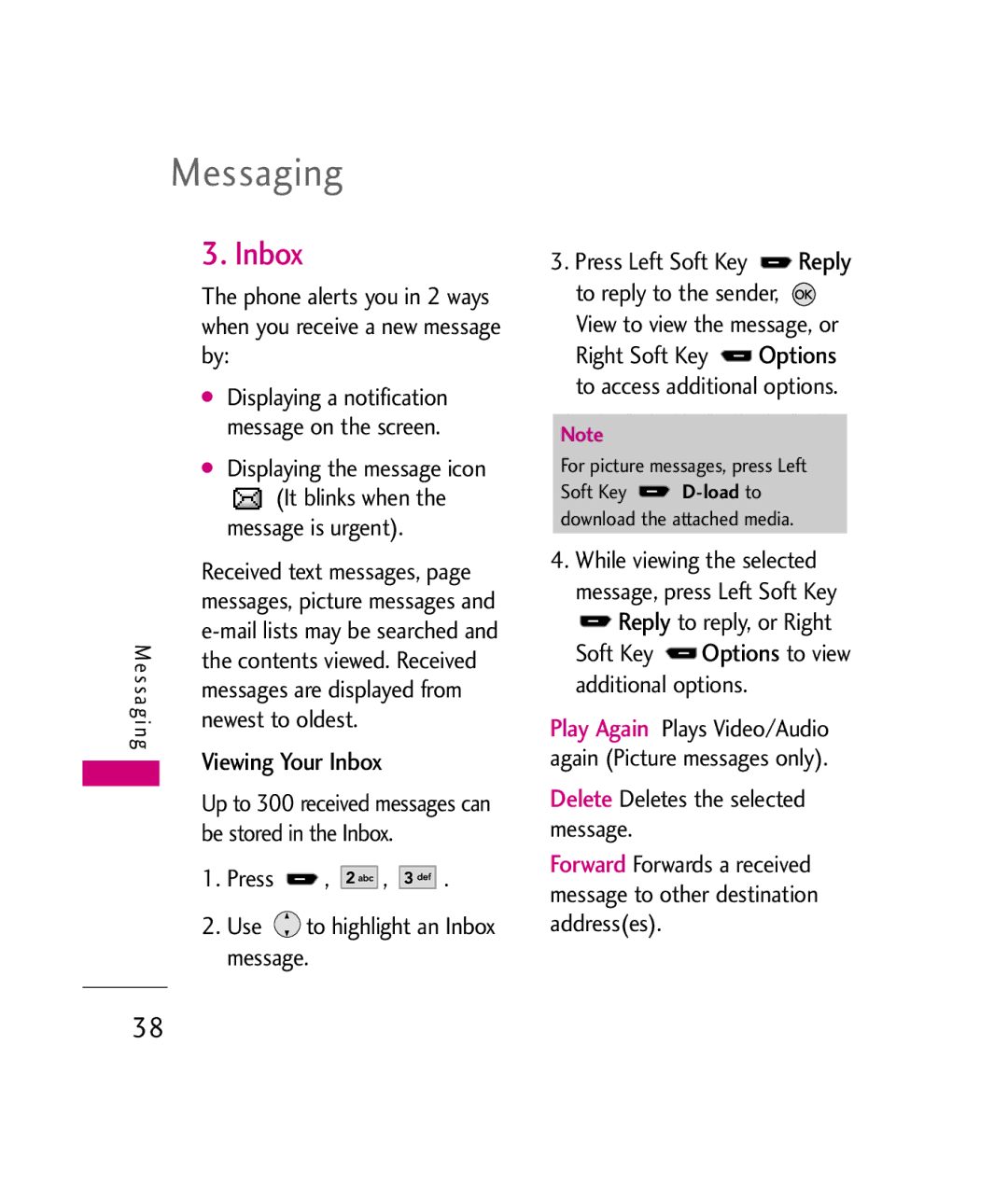 LG Electronics UX260 manual Inbox, Displaying the message icon, Delete Deletes the selected message, Newest to oldest 