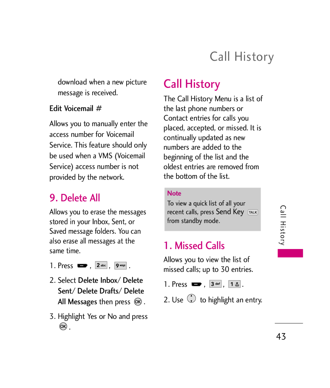 LG Electronics UX260 manual Call History, Delete All, Missed Calls, Edit Voicemail # 