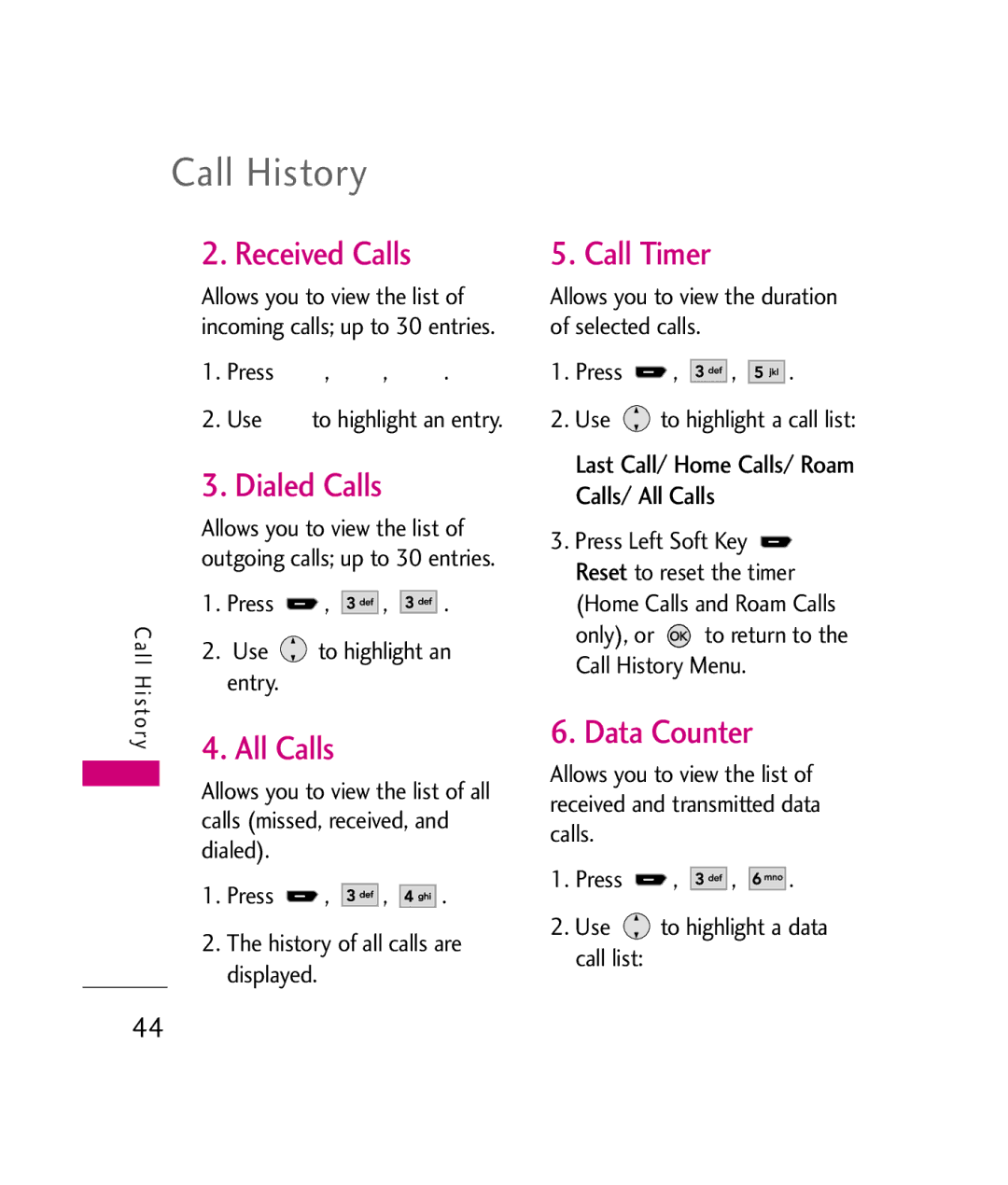 LG Electronics UX260 manual Received Calls, Dialed Calls, All Calls, Call Timer, Data Counter 