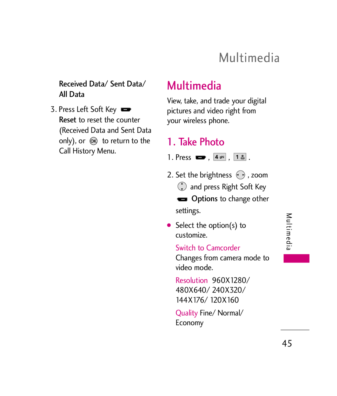 LG Electronics UX260 manual Multimedia, Take Photo, Received Data/ Sent Data/ All Data, Video mode 