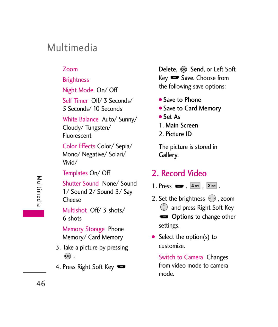 LG Electronics UX260 manual Record Video, Gallery 