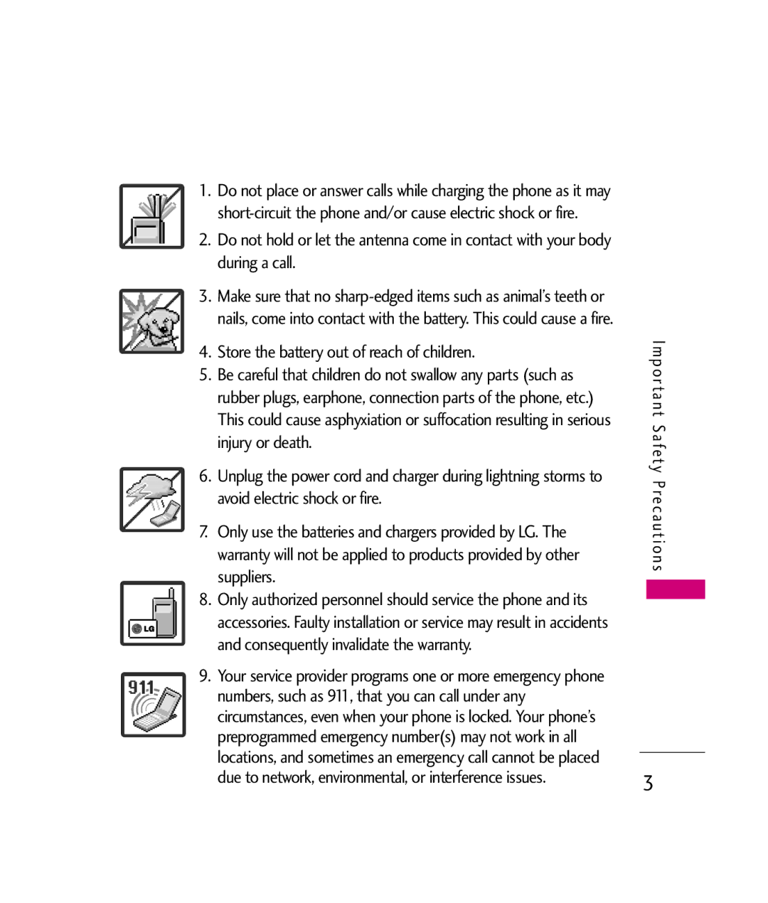 LG Electronics UX260 manual Store the battery out of reach of children 