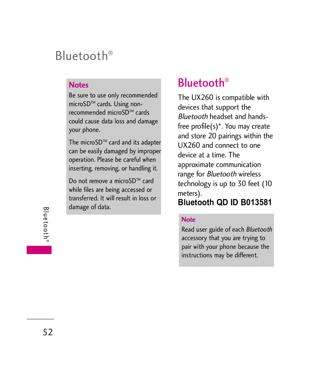 LG Electronics UX260 manual Bluetooth QD ID B013581, MicroSDTM cards. Using non, Your phone, Damage of data 