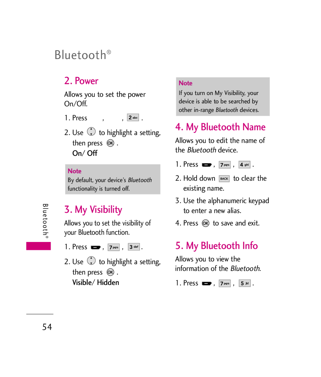 LG Electronics UX260 manual Power, My Visibility, My Bluetooth Name, My Bluetooth Info 