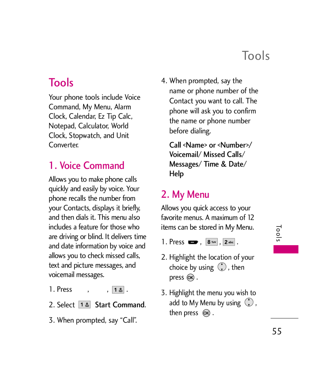 LG Electronics UX260 manual Tools, Voice Command, My Menu, Press Select Start Command When prompted, say Call 