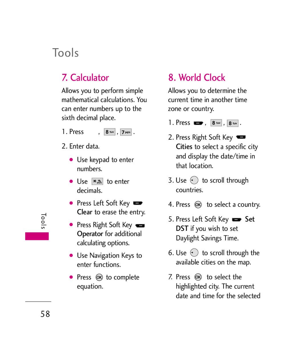 LG Electronics UX260 manual Calculator, World Clock, Press Enter data Use keypad to enter, Enter functions 