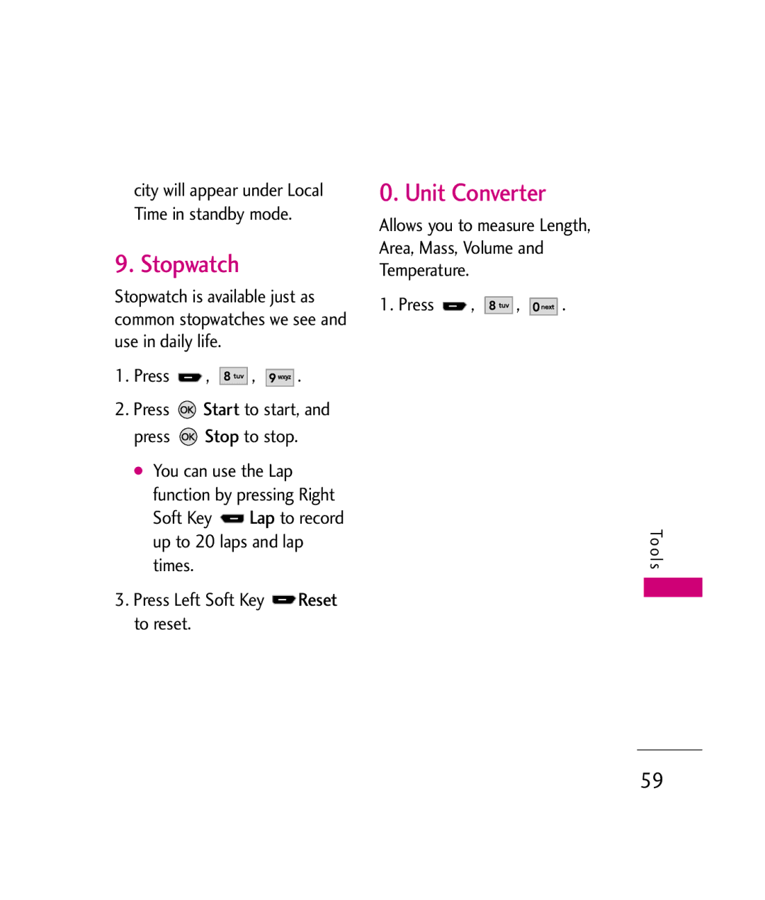 LG Electronics UX260 manual Stopwatch, Unit Converter, Press Start to start, and press Stop to stop 