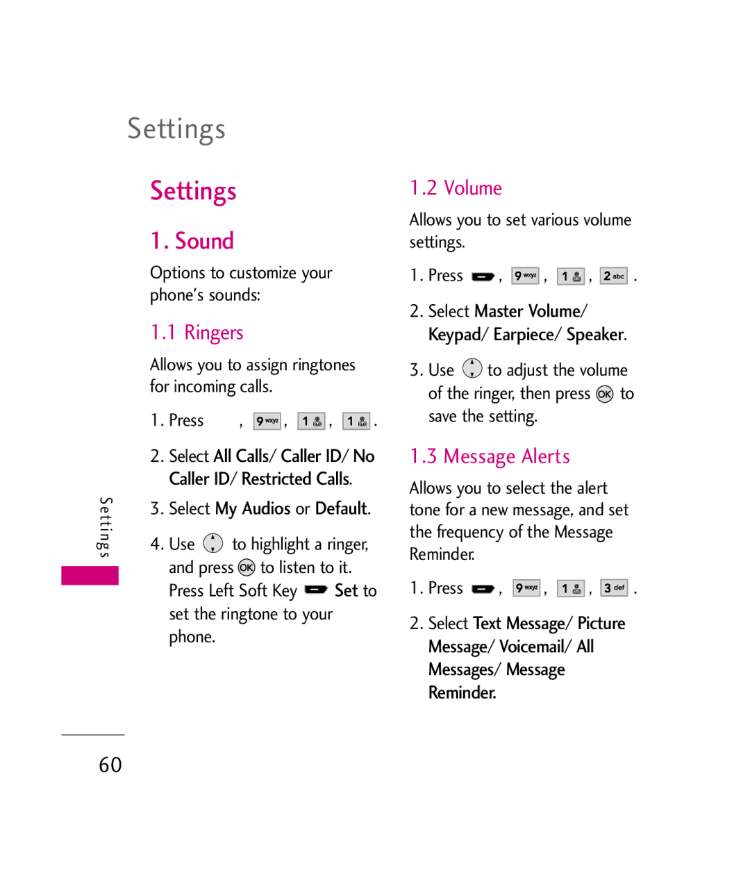 LG Electronics UX260 manual Settings, Sound, Ringers, Volume, Message Alerts 