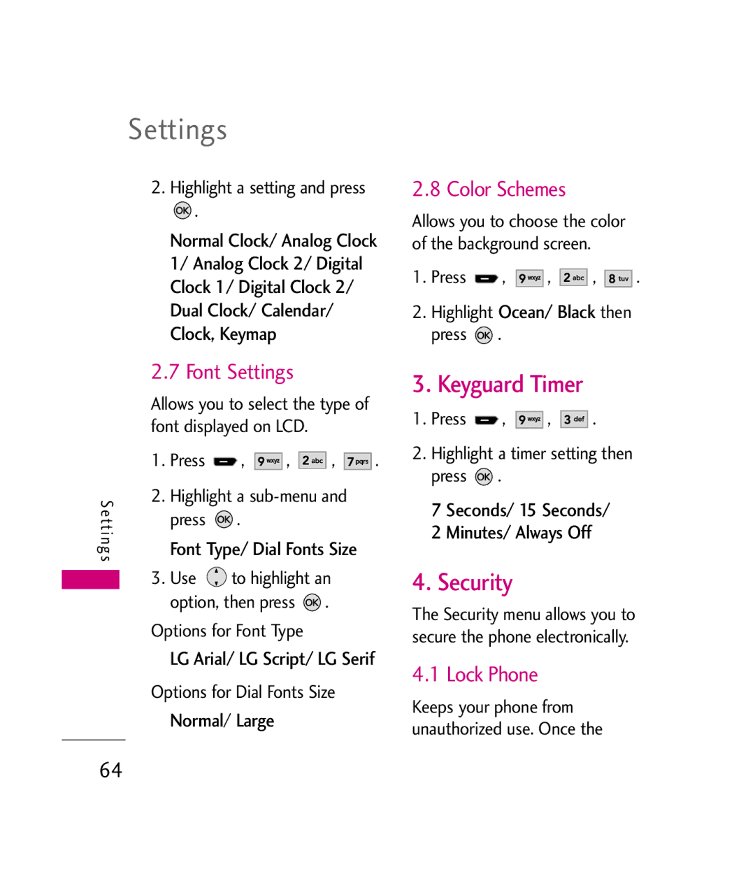 LG Electronics UX260 manual Keyguard Timer, Security, Font Settings, Color Schemes, Lock Phone 