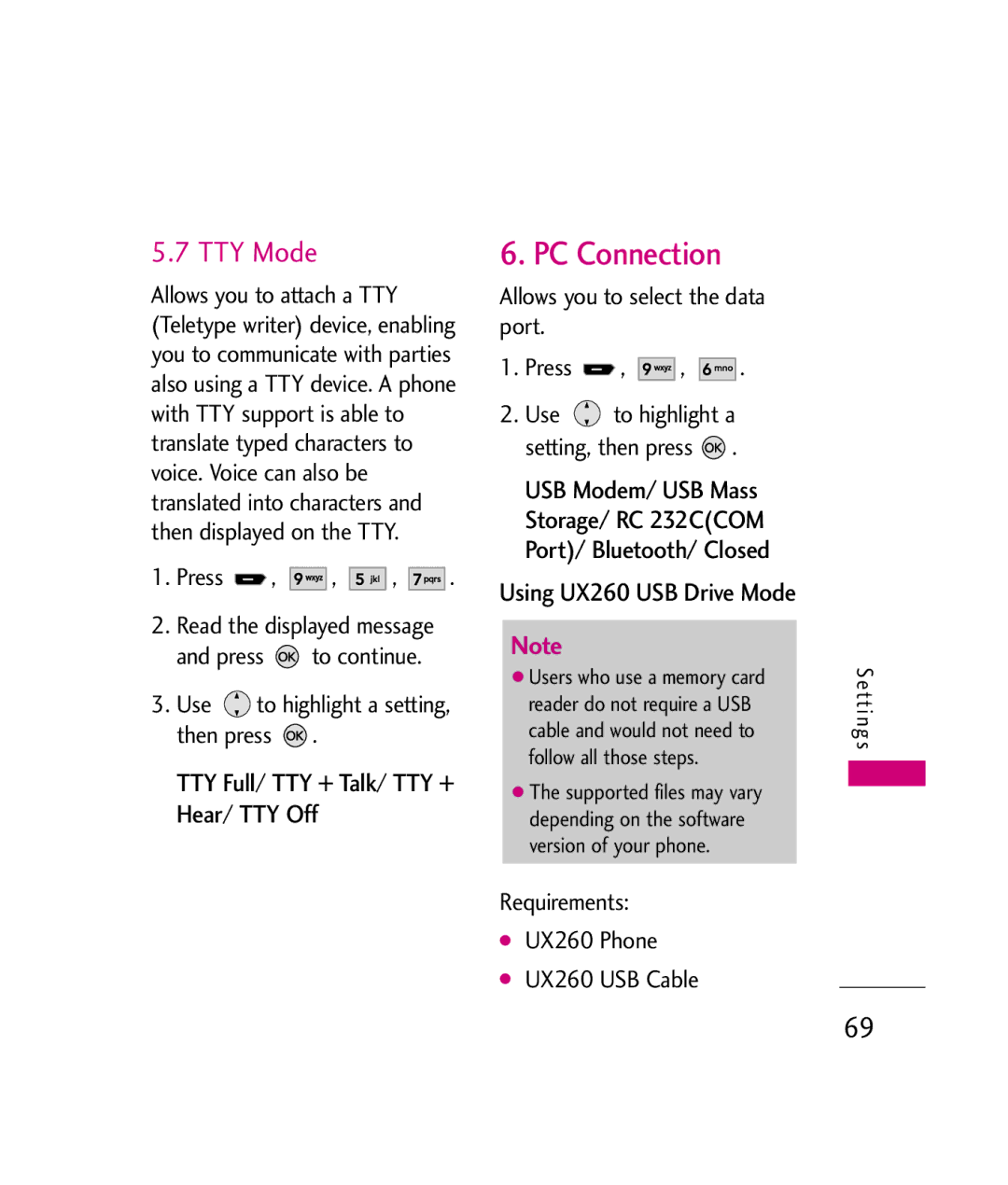 LG Electronics UX260 manual PC Connection, TTY Mode, TTY Full/ TTY + Talk/ TTY + Hear/ TTY Off 