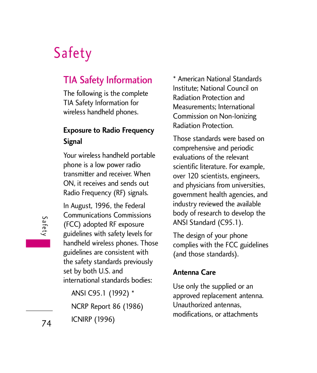 LG Electronics UX260 manual TIA Safety Information, Signal, Antenna Care 