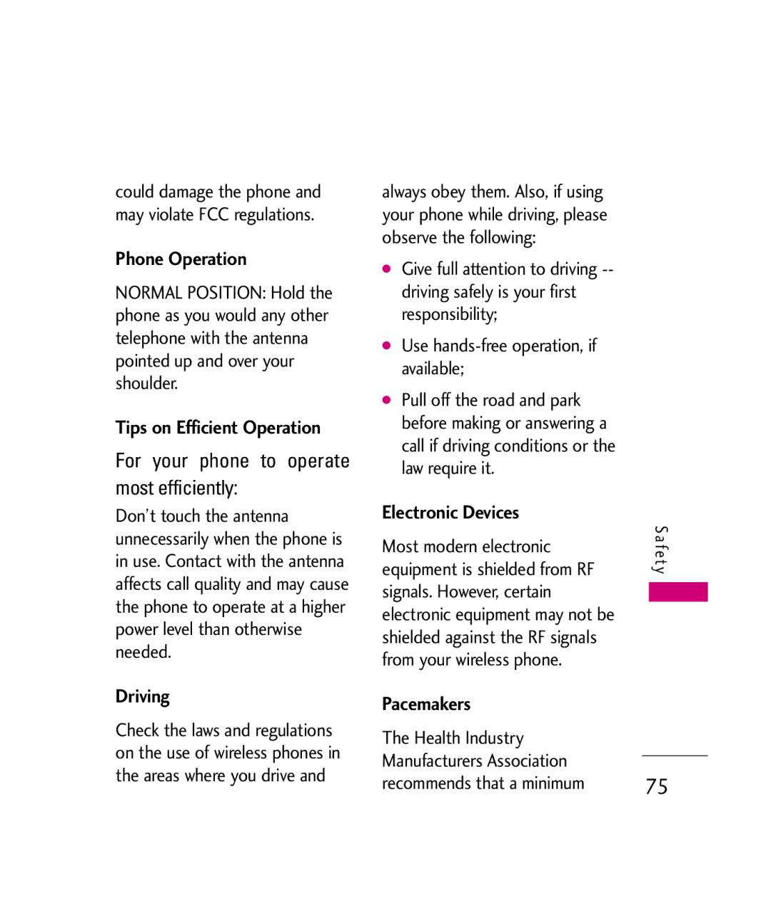 LG Electronics UX260 manual Phone Operation, Tips on Efficient Operation, Driving, Electronic Devices, Pacemakers 