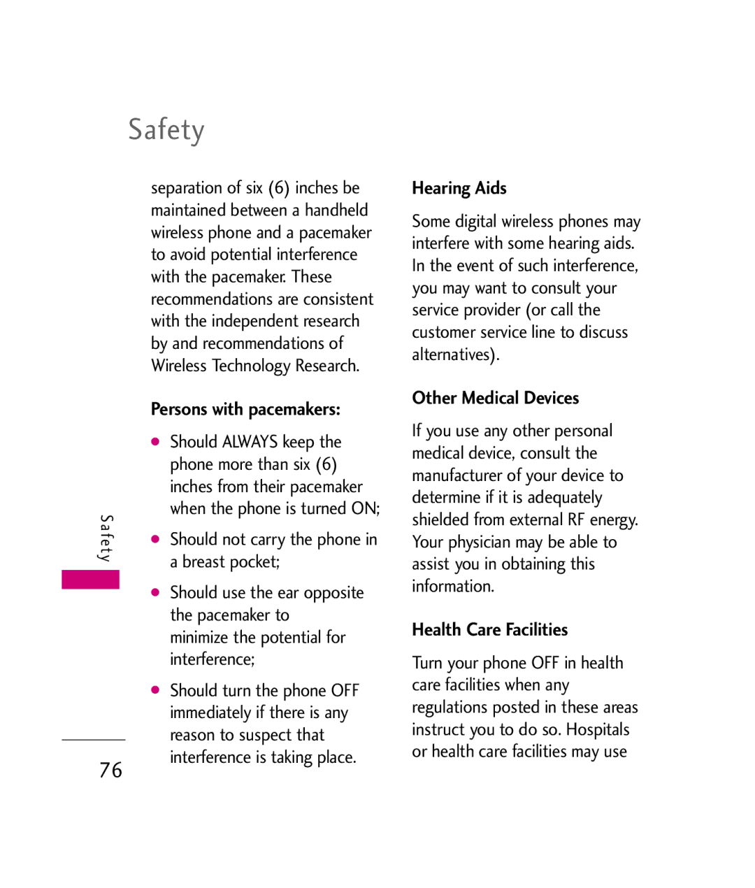 LG Electronics UX260 manual Safety, Persons with pacemakers, Hearing Aids, Other Medical Devices, Health Care Facilities 