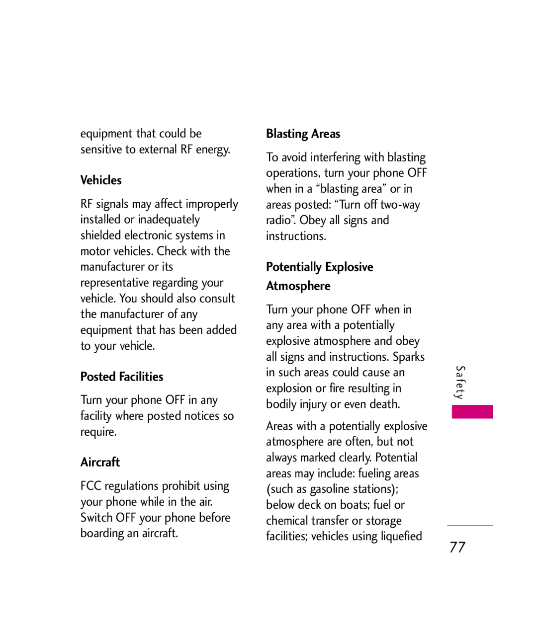 LG Electronics UX260 manual Vehicles, Posted Facilities, Aircraft, Blasting Areas, Potentially Explosive Atmosphere 