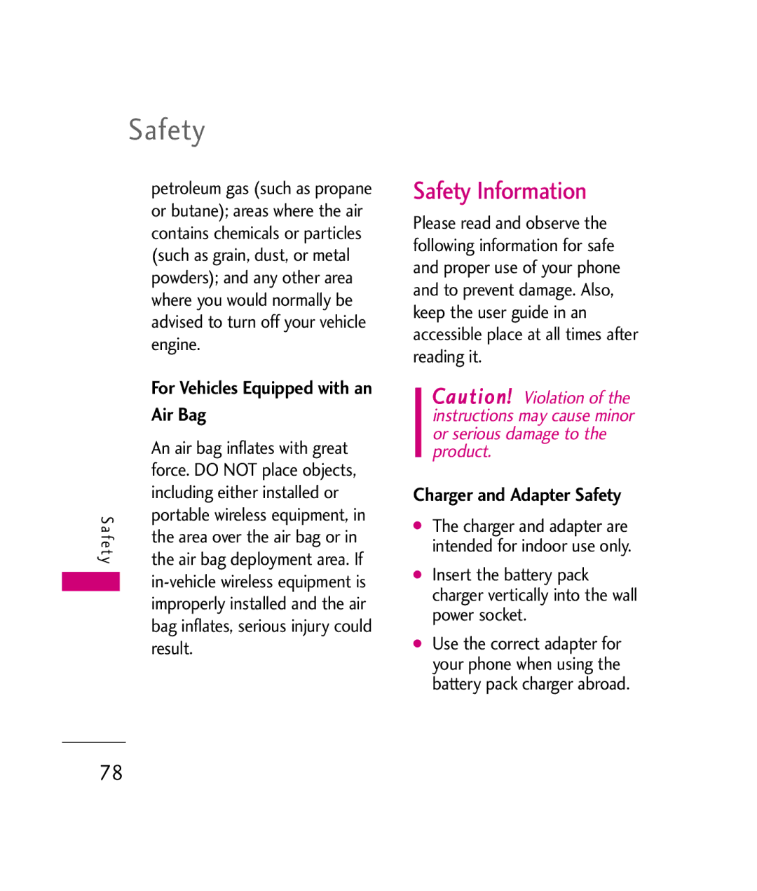 LG Electronics UX260 manual Safety Information, Air Bag, Charger and Adapter Safety 