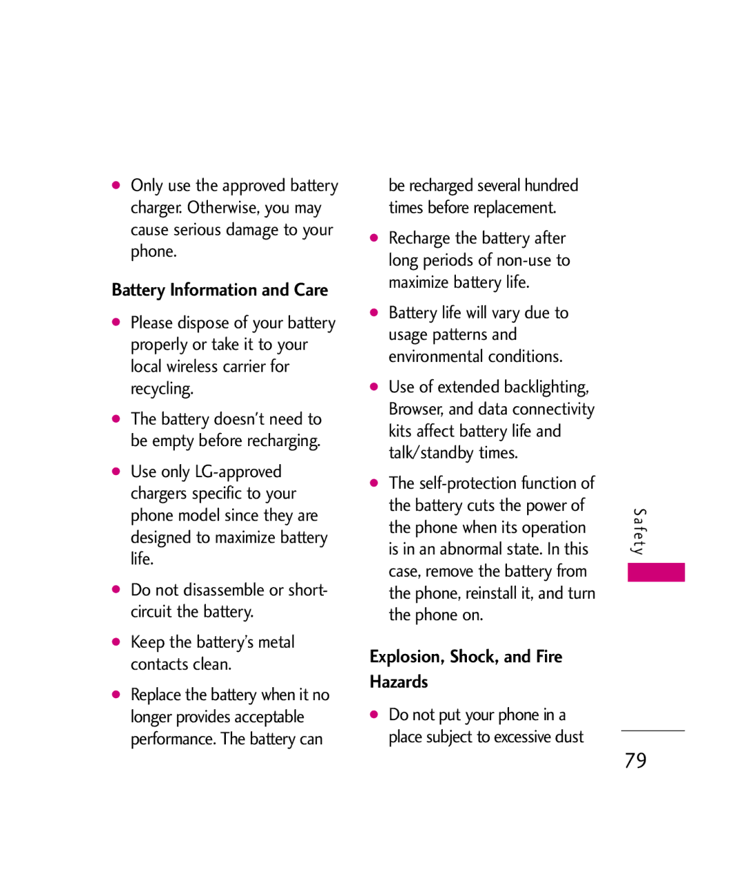 LG Electronics UX260 manual Explosion, Shock, and Fire Hazards 