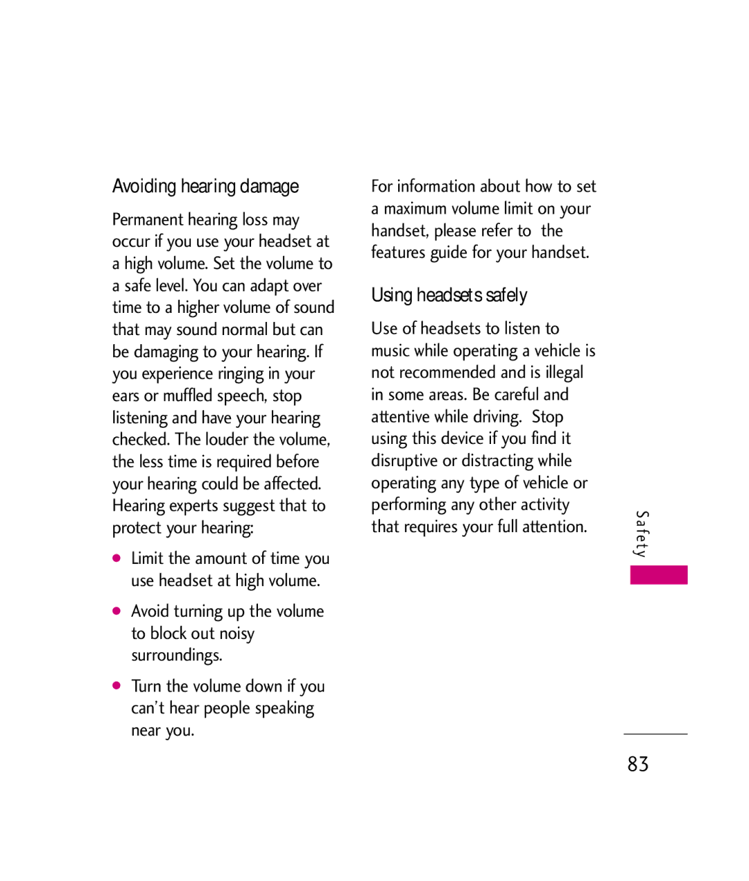 LG Electronics UX260 manual Using headsets safely 