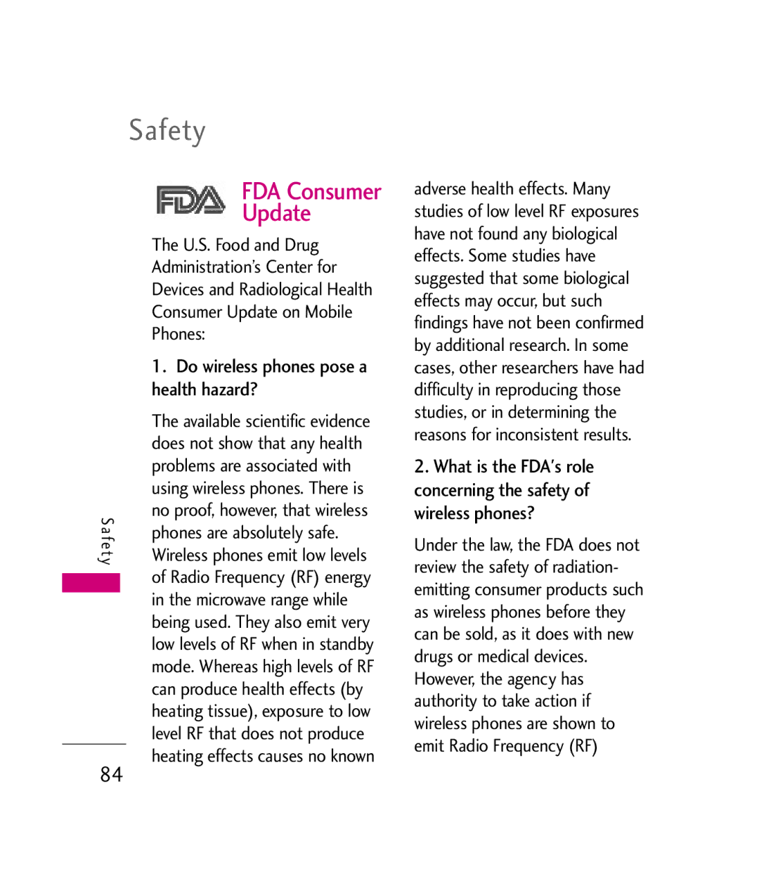 LG Electronics UX260 manual Update, Health hazard? 