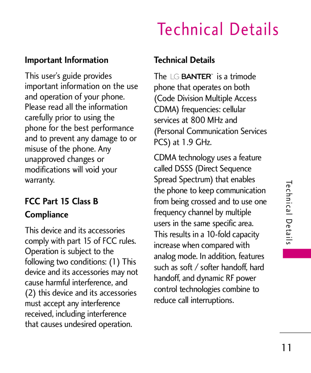 LG Electronics UX265G manual Technical Details, Important Information, FCC Part 15 Class B Compliance 