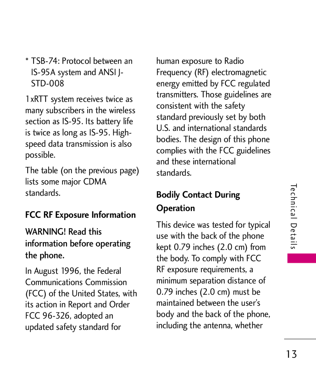 LG Electronics UX265G manual Bodily Contact During Operation, Table on the previous page lists some major Cdma standards 