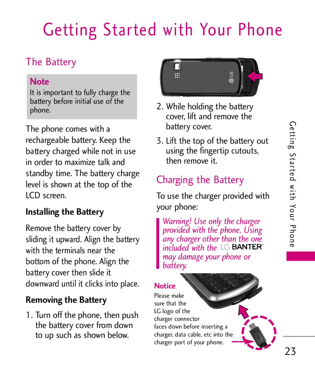 LG Electronics UX265G manual Getting Started with Your Phone, Charging the Battery, Installing the Battery 