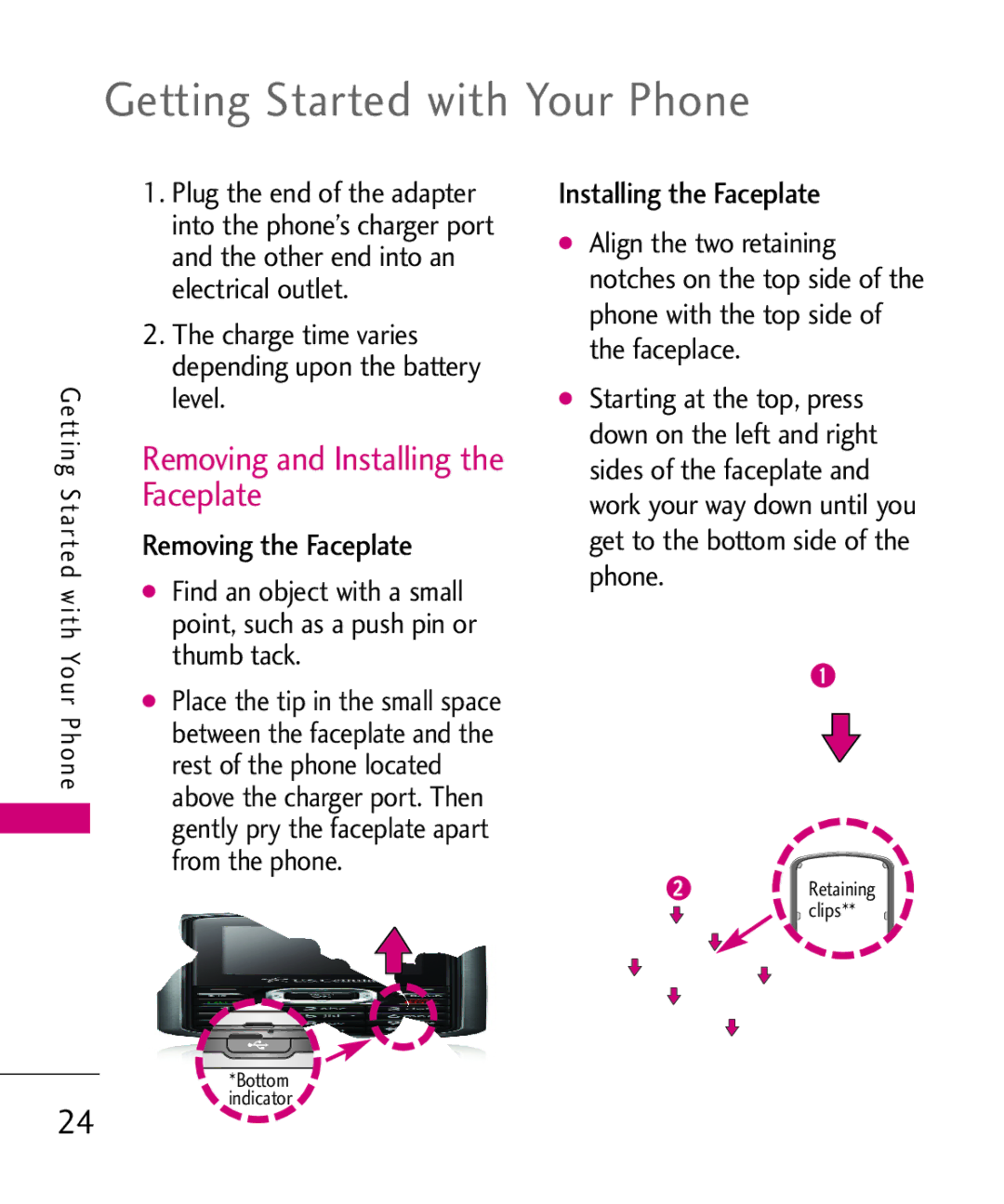 LG Electronics UX265G manual Getting Started with Your Phone, Removing and Installing the Faceplate, Removing the Faceplate 