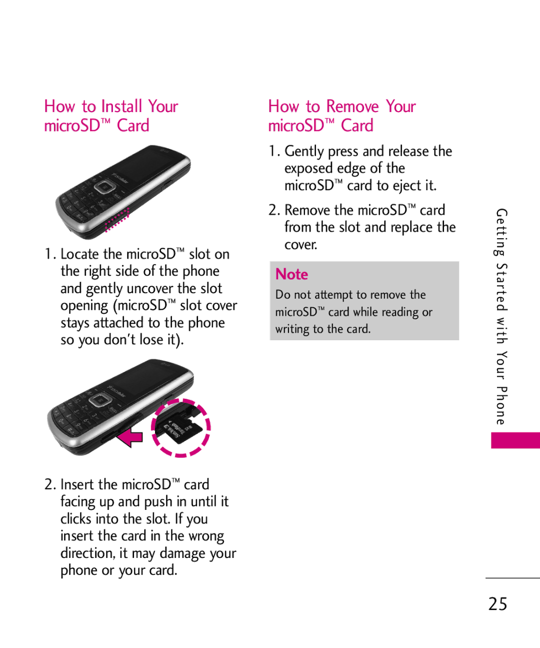 LG Electronics UX265G manual How to Install Your microSD Card, Remove the microSD card from the slot and replace the cover 