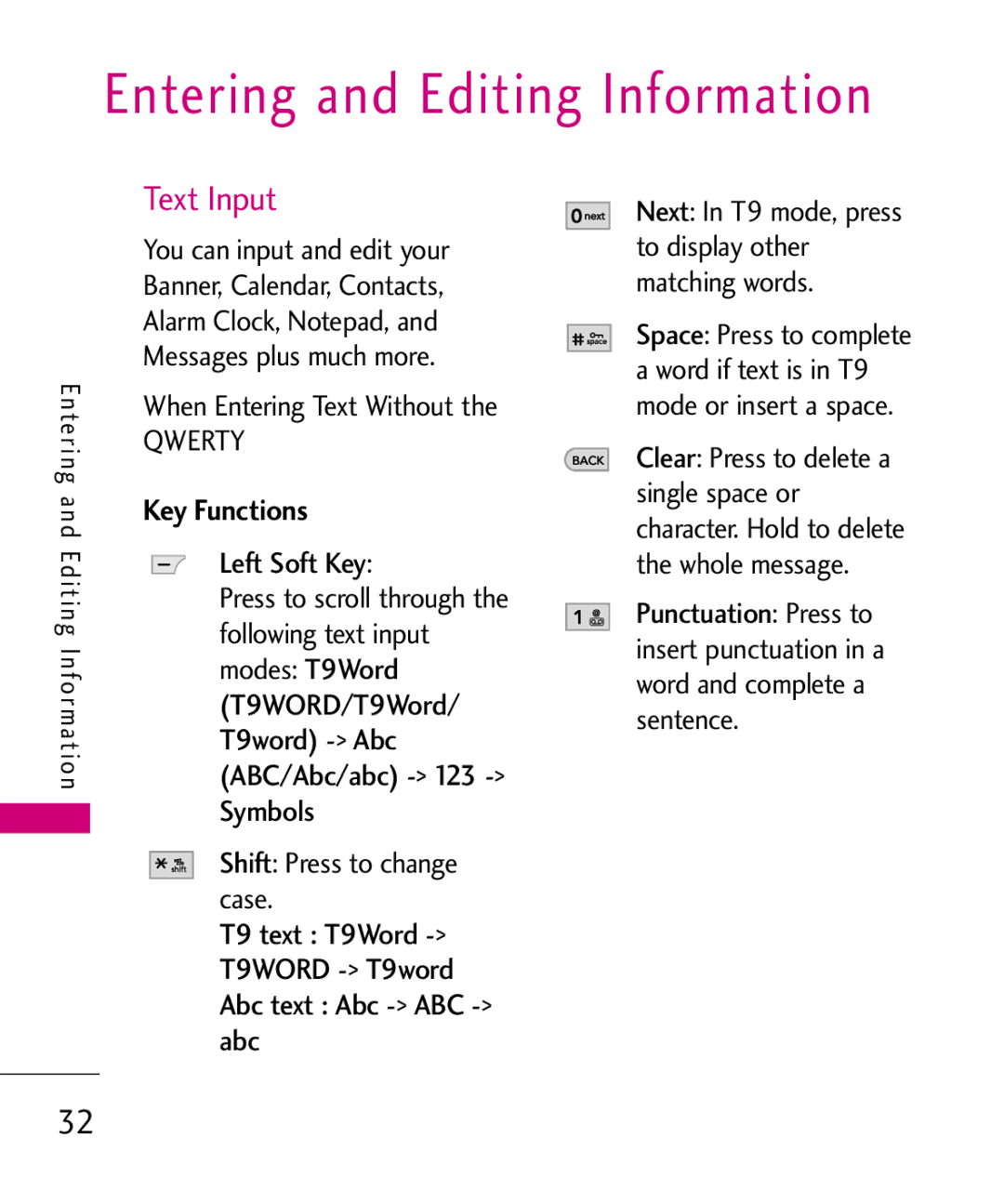 LG Electronics UX265G manual Entering and Editing Information, Text Input, Key Functions, When Entering Text Without 