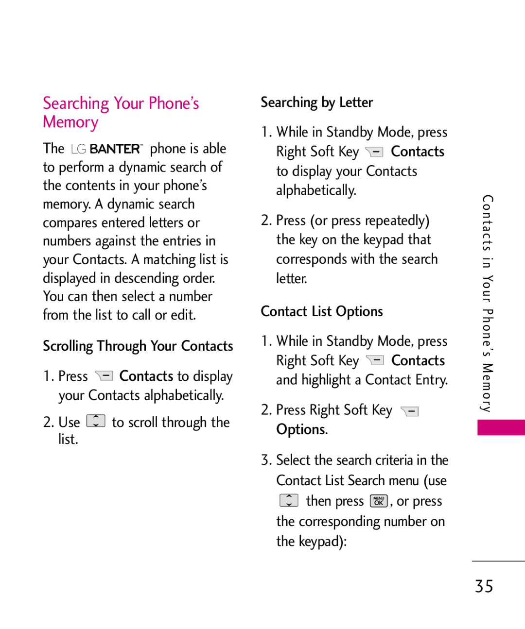 LG Electronics UX265G manual Searching Your Phone’s Memory, Contact List Options While in Standby Mode, press 