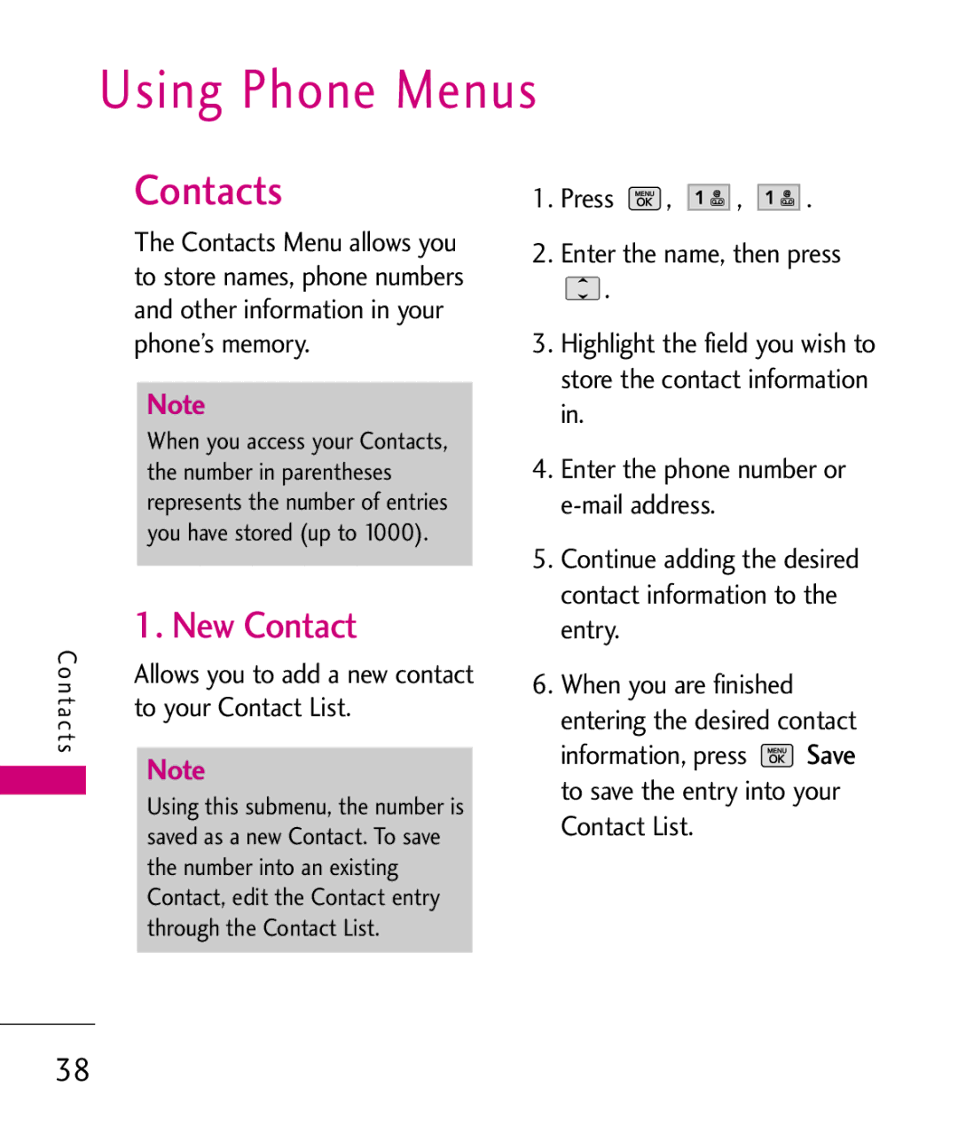 LG Electronics UX265G manual Using Phone Menus, New Contact, Allows you to add a new contact to your Contact List 