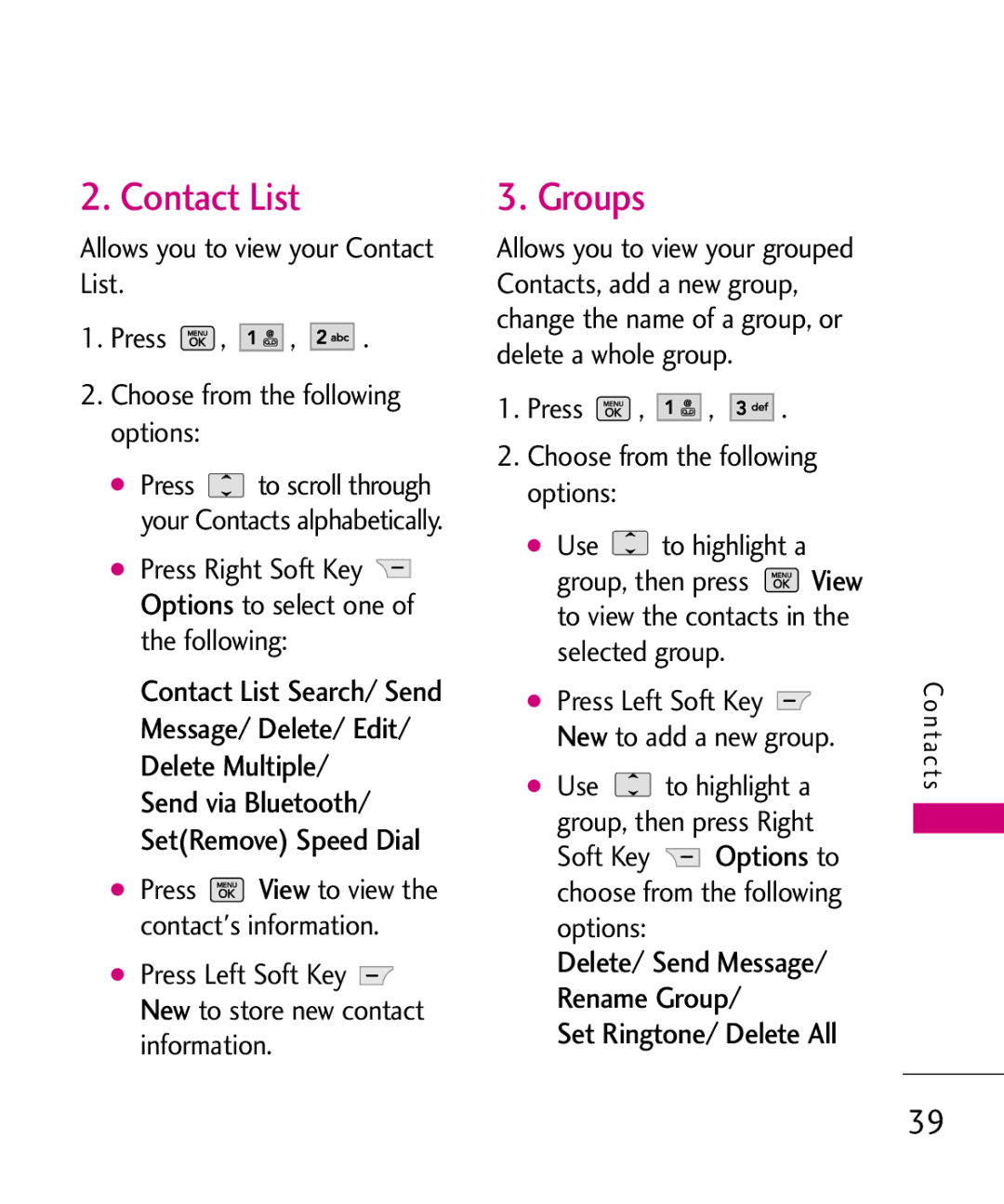 LG Electronics UX265G manual Contact List, Groups, Set Ringtone/ Delete All 