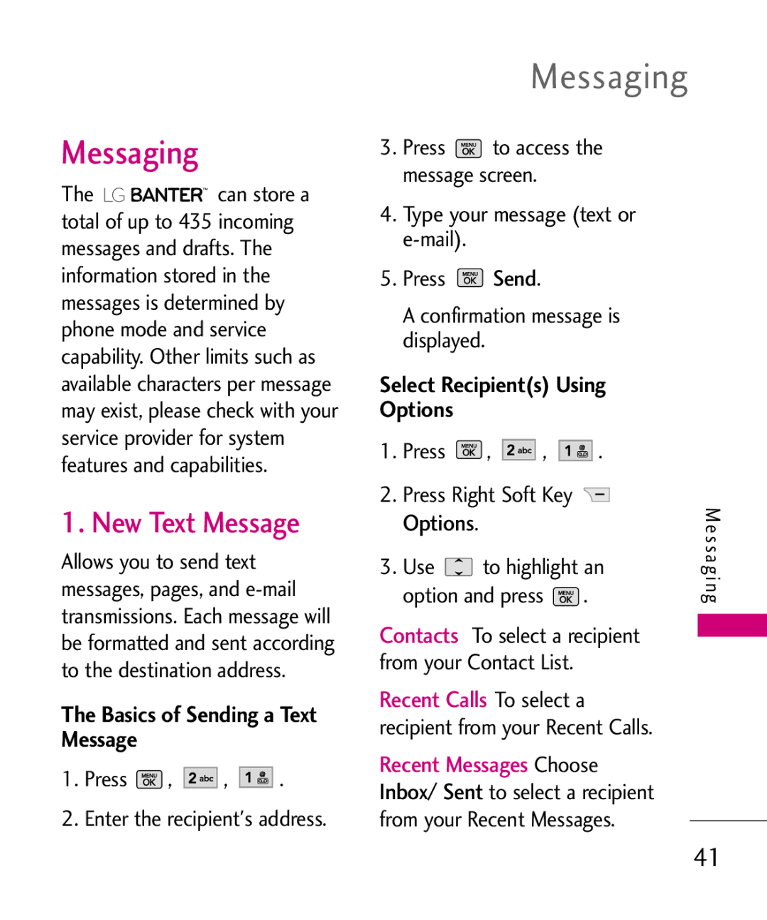 LG Electronics UX265G manual Messaging, New Text Message, Basics of Sending a Text Message, Select Recipients Using Options 