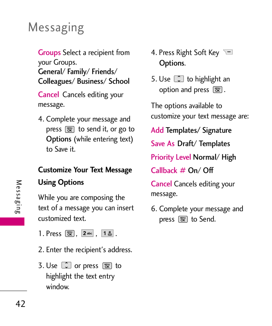 LG Electronics UX265G manual General/ Family/ Friends, Add Templates/ Signature Save As Draft/ Templates 