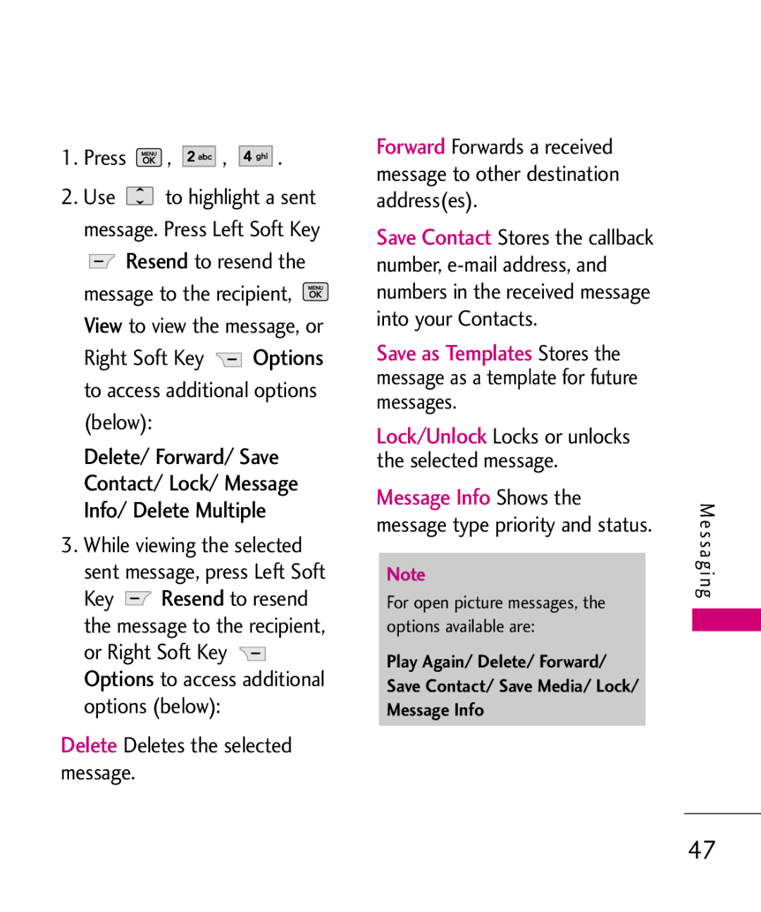 LG Electronics UX265G manual Delete Deletes the selected message, Lock/Unlock Locks or unlocks the selected message 