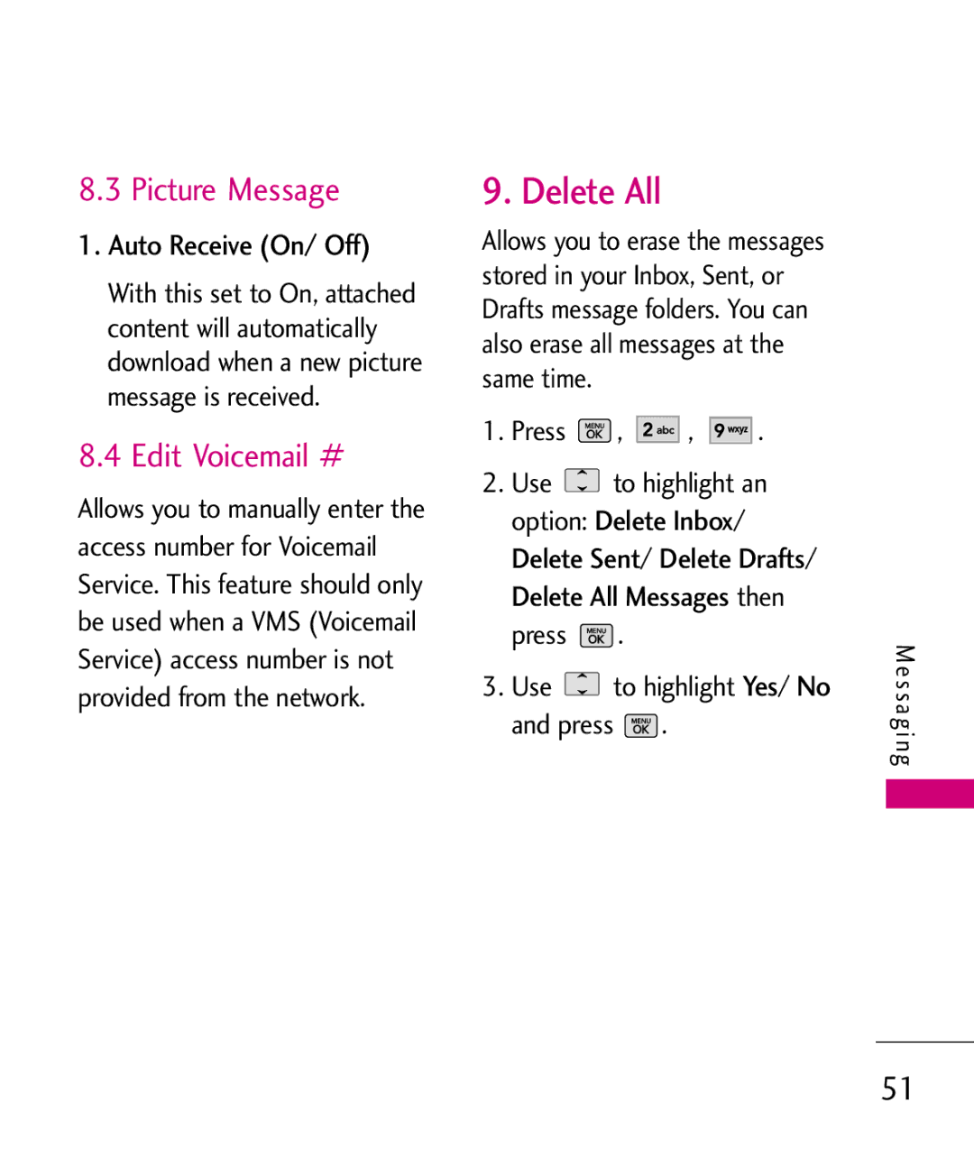LG Electronics UX265G manual Delete All, Picture Message, Edit Voicemail #, Auto Receive On/ Off 