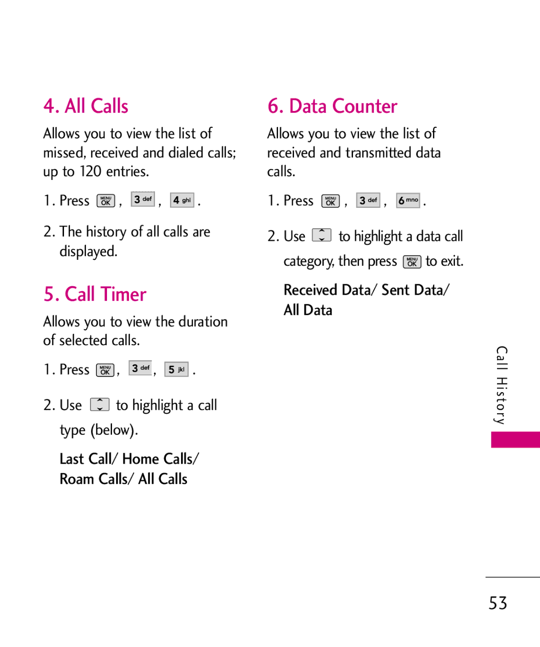 LG Electronics UX265G manual All Calls, Call Timer, Data Counter, Received Data/ Sent Data/ All Data 