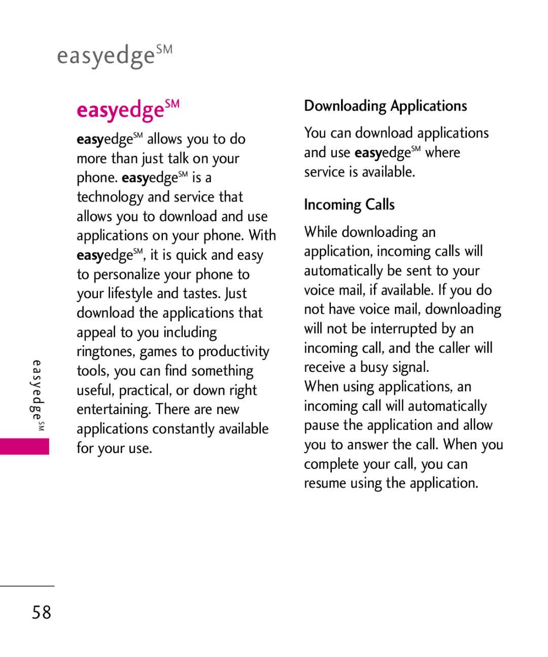 LG Electronics UX265G manual EasyedgeSM, Downloading Applications, Incoming Calls 