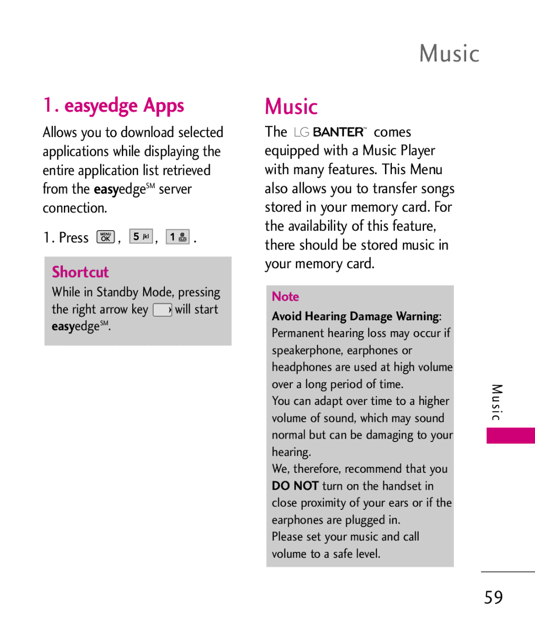 LG Electronics UX265G manual Music, Easyedge Apps 