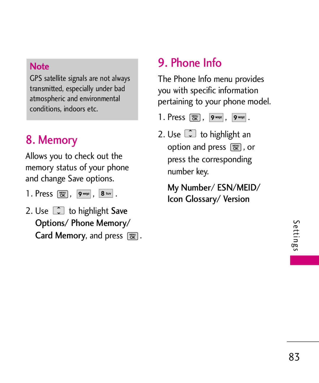 LG Electronics UX265G manual Memory, Phone Info, My Number/ ESN/MEID/ Icon Glossary/ Version 