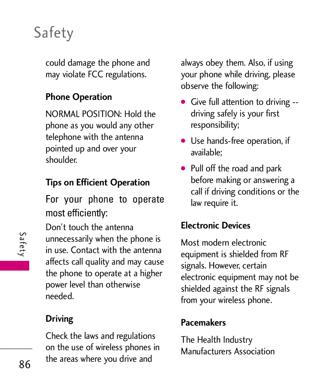 LG Electronics UX265G manual Safety, Phone Operation, Driving, Electronic Devices, Pacemakers 