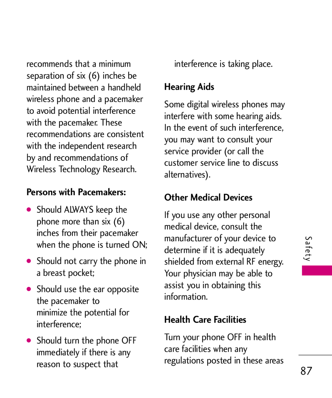 LG Electronics UX265G manual Persons with Pacemakers, Hearing Aids, Other Medical Devices, Health Care Facilities 